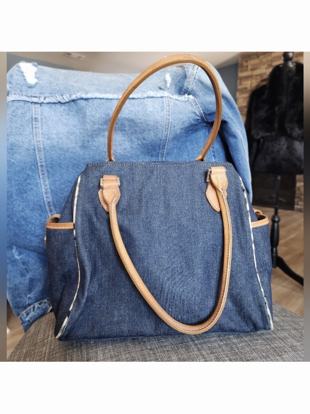 Burberry Denim Tote with Tan Leather Trim